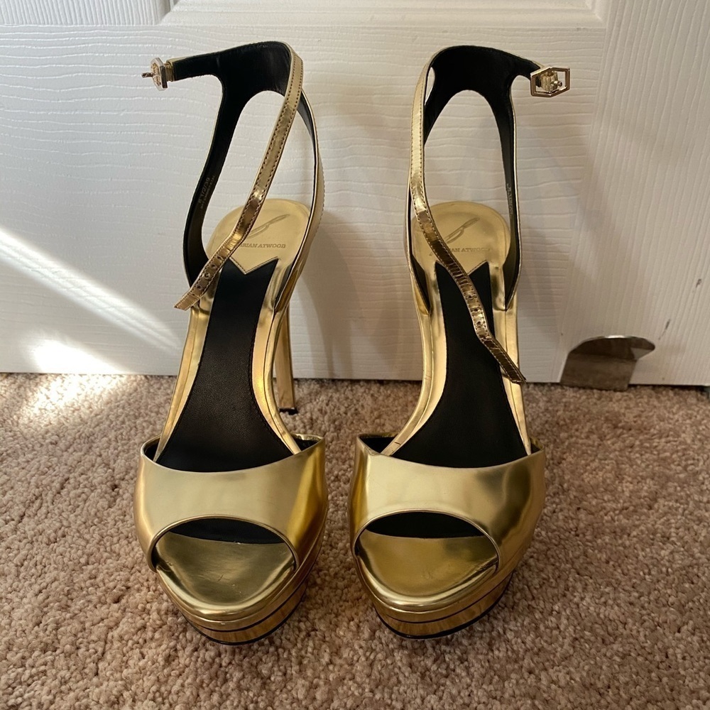 Brian Atwood Gold Platform Strap Heel - Picture 2 of 7